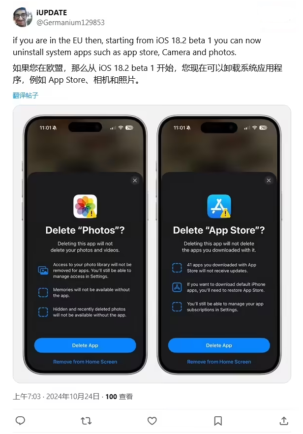 尚义苹果手机维修分享iOS 18.2 支持删除 App Store 应用商店 