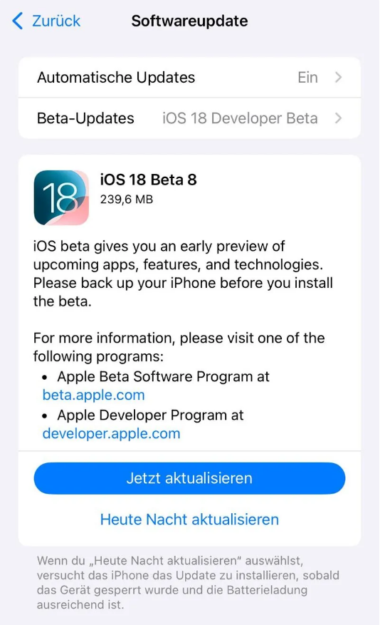 尚义苹果手机维修分享苹果 iOS / iPadOS 18 开发者预览版 Beta 8 发布 